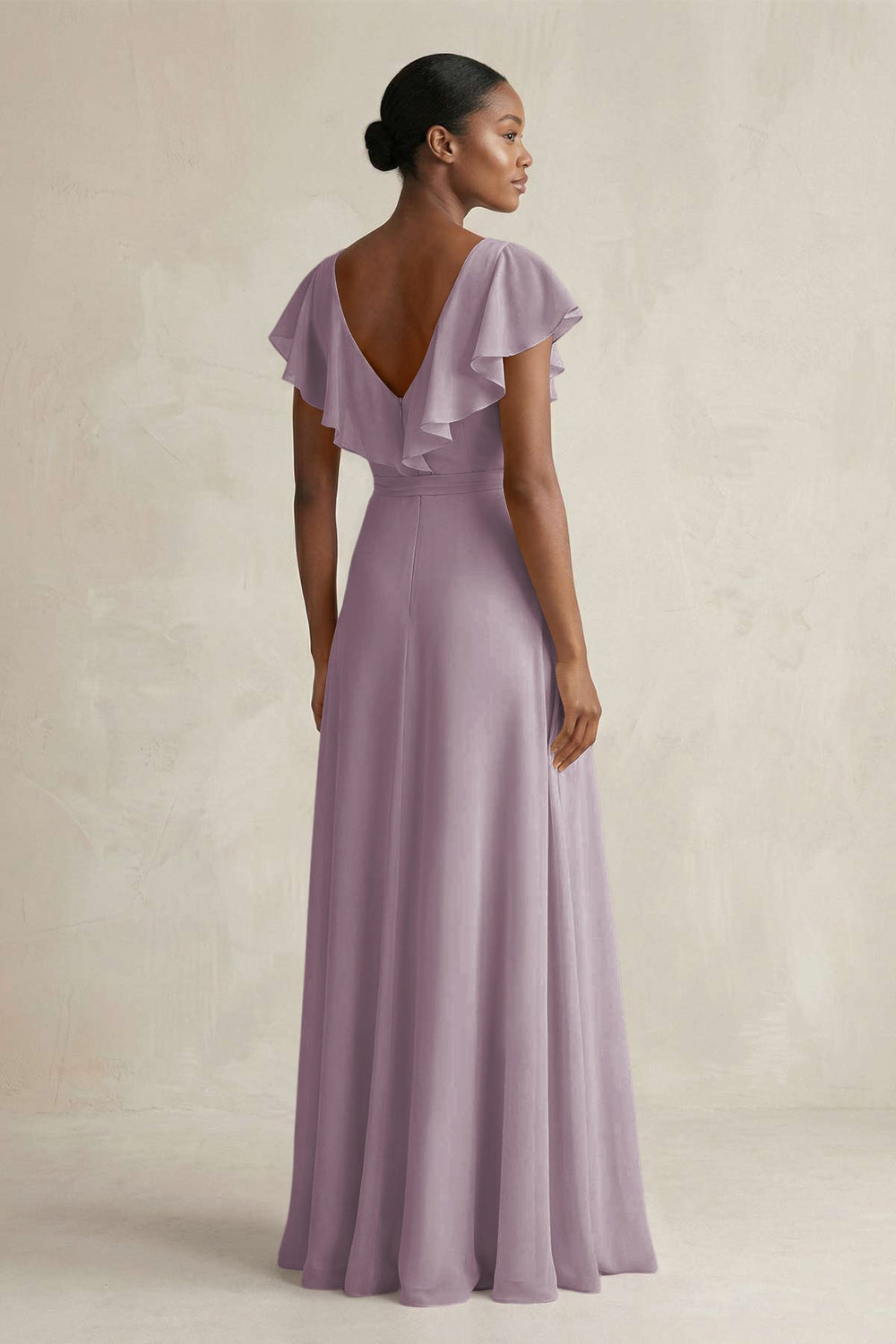 A-Line V-Neck Ruffled Sleeve Chiffon Bridesmaid Dress in Dusk