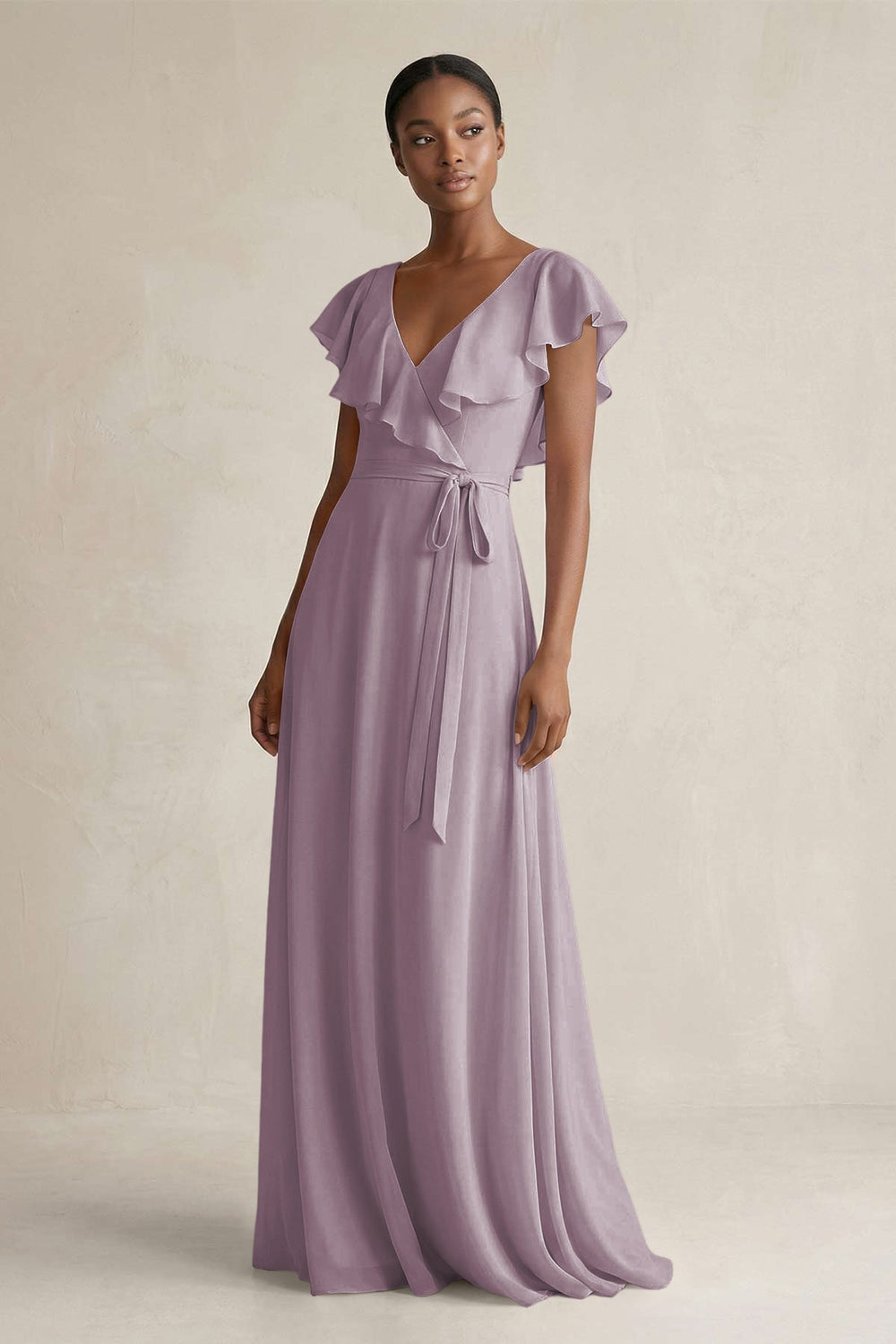 A-Line V-Neck Ruffled Sleeve Chiffon Bridesmaid Dress in Dusk