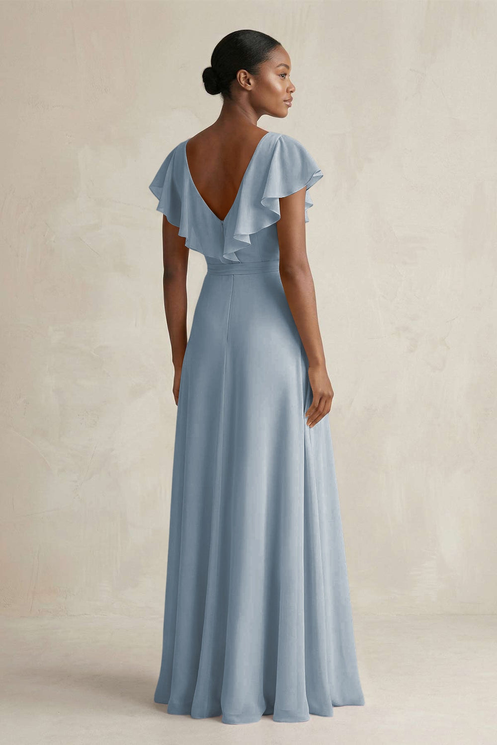 A-Line V-Neck Ruffled Sleeve Chiffon Bridesmaid Dress in Dusty Blue