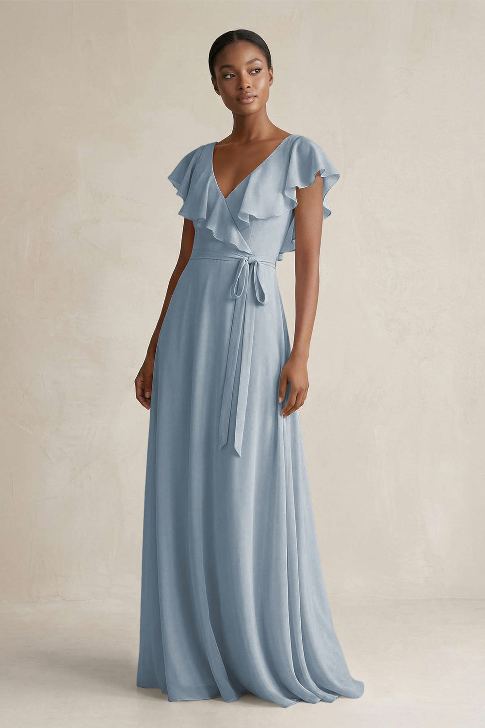 A-Line V-Neck Ruffled Sleeve Chiffon Bridesmaid Dress in Dusty Blue