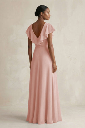 A-Line V-Neck Ruffled Sleeve Chiffon Bridesmaid Dress in English Rose (2) | KISSBRIDAL