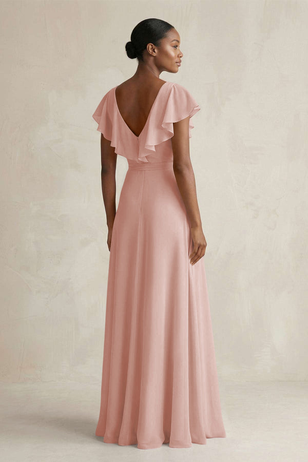 A-Line V-Neck Ruffled Sleeve Chiffon Bridesmaid Dress in English Rose (2) | KISSBRIDAL