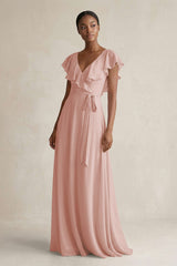 A-Line V-Neck Ruffled Sleeve Chiffon Bridesmaid Dress in English Rose | KISSBRIDAL