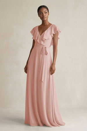 A-Line V-Neck Ruffled Sleeve Chiffon Bridesmaid Dress in English Rose | KISSBRIDAL