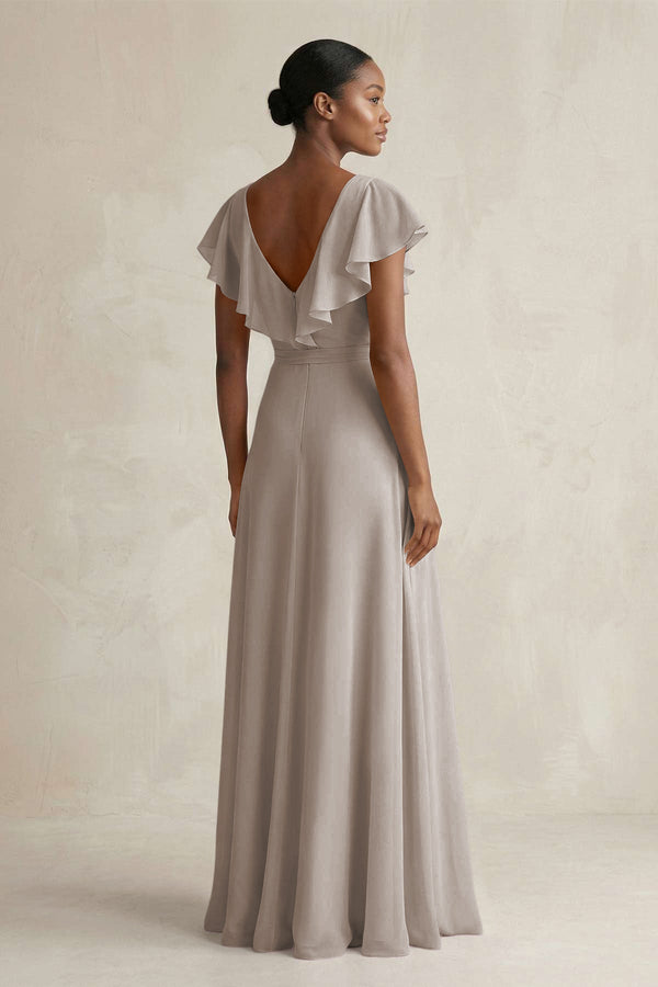 A-Line V-Neck Ruffled Sleeve Chiffon Bridesmaid Dress in Frost (2) | KISSBRIDAL