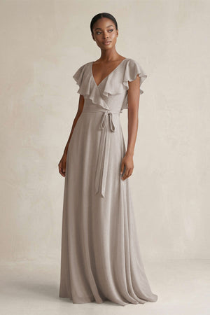 A-Line V-Neck Ruffled Sleeve Chiffon Bridesmaid Dress in Frost | KISSBRIDAL