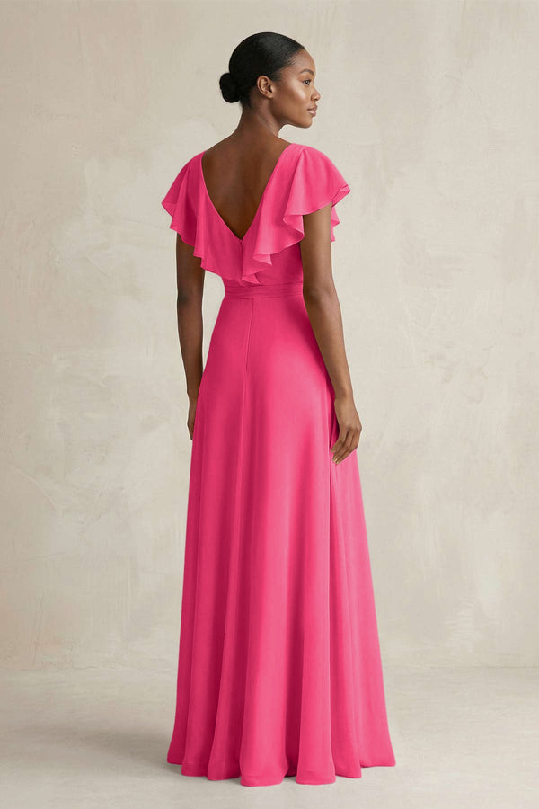 A-Line V-Neck Ruffled Sleeve Chiffon Bridesmaid Dress in Fuchsia (2) | KISSBRIDAL