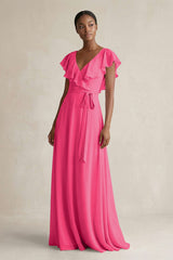 A-Line V-Neck Ruffled Sleeve Chiffon Bridesmaid Dress in Fuchsia | KISSBRIDAL