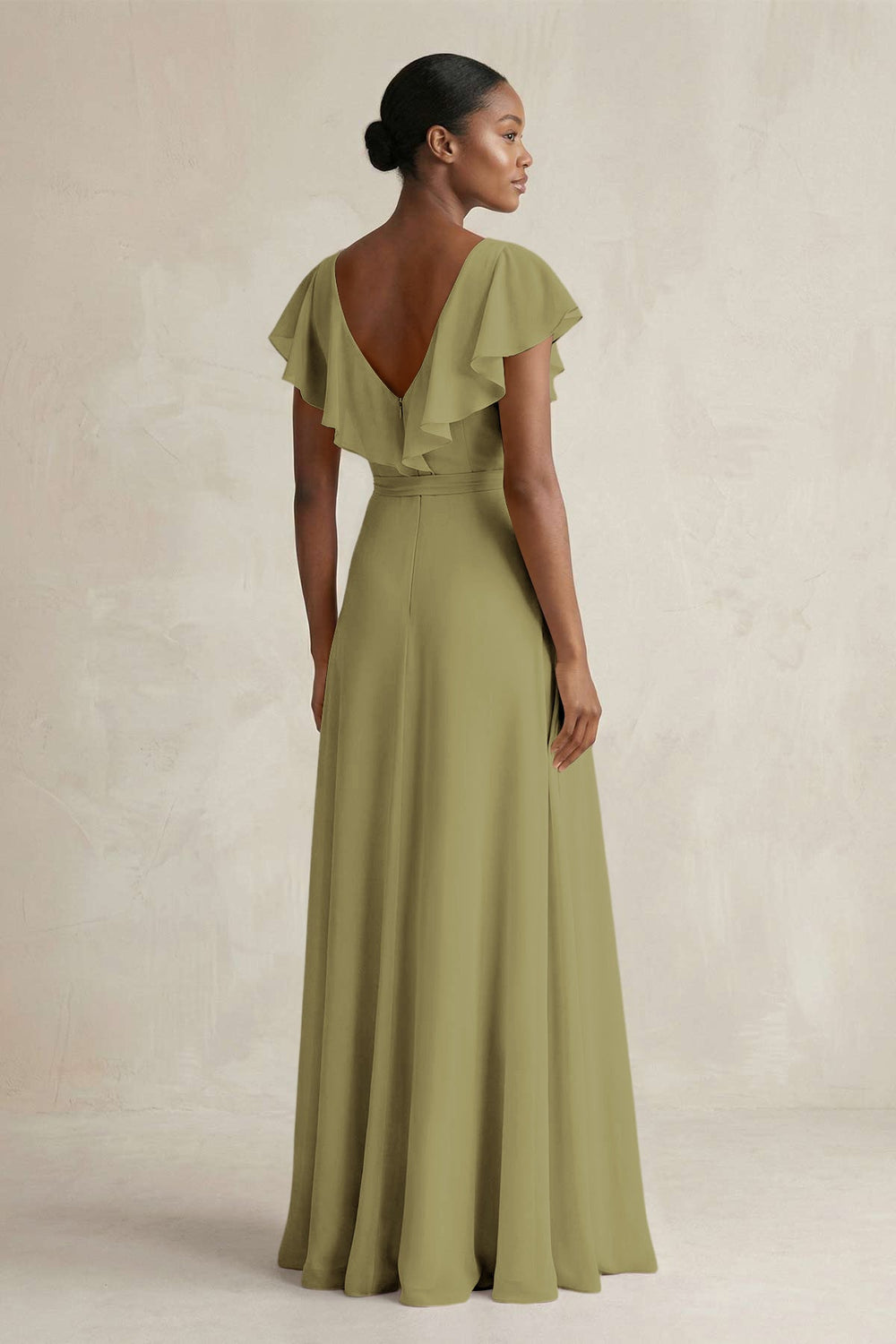 A-Line V-Neck Ruffled Sleeve Chiffon Bridesmaid Dress in Moss Green