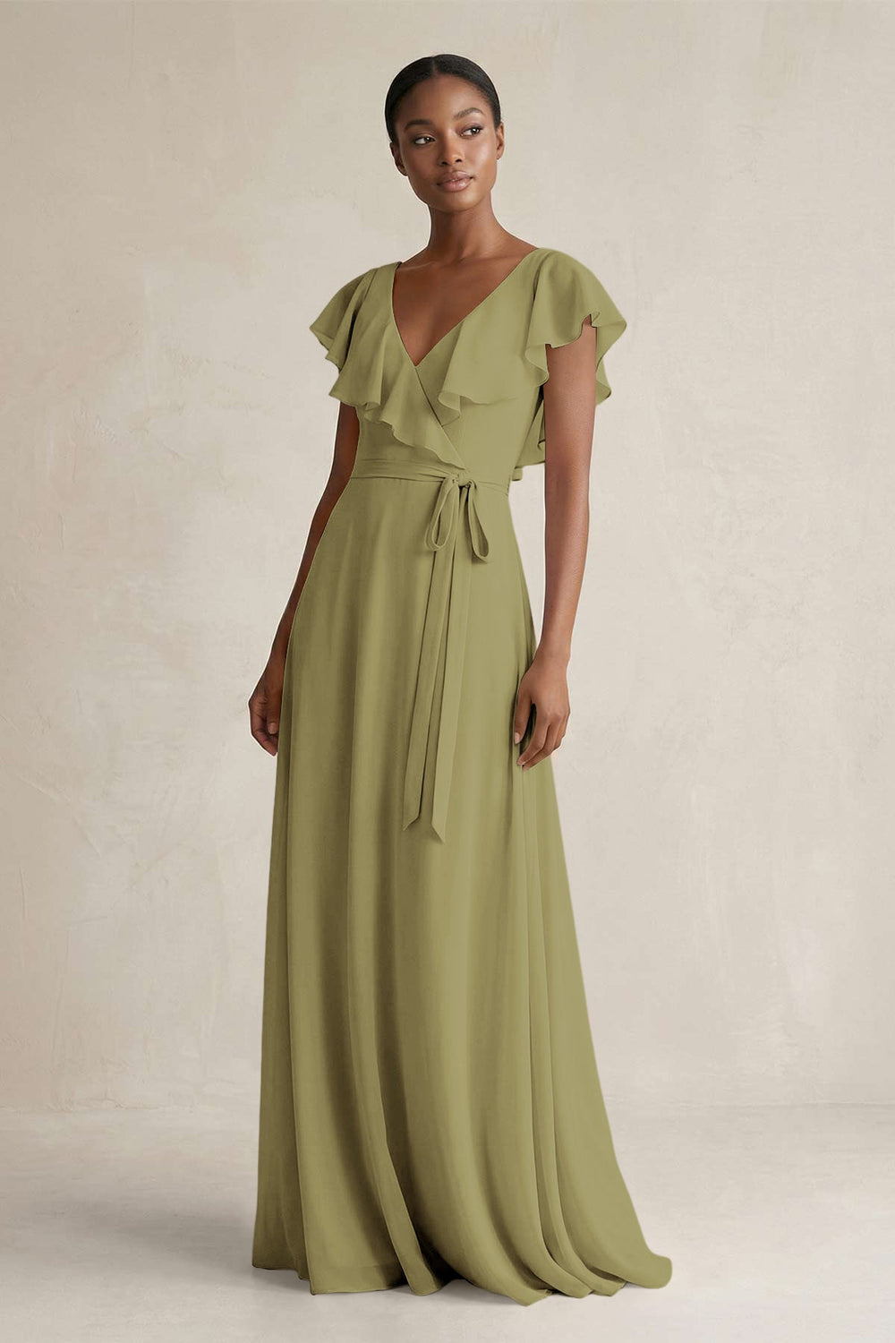 A-Line V-Neck Ruffled Sleeve Chiffon Bridesmaid Dress in Moss Green