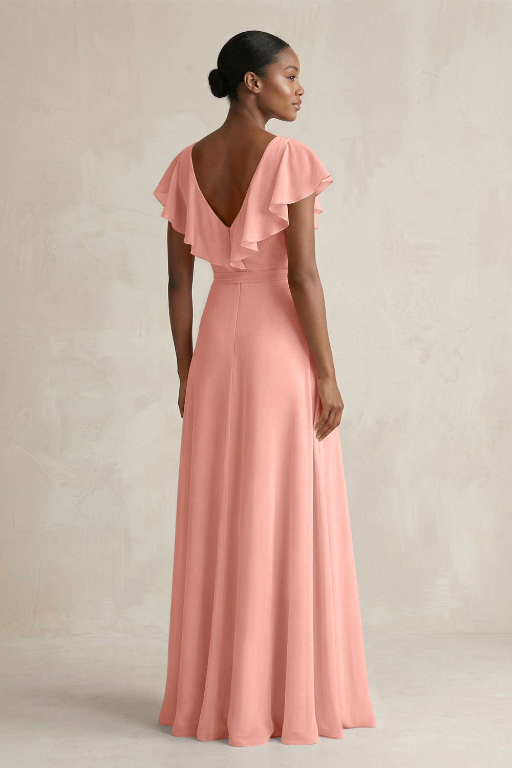 A-Line V-Neck Ruffled Sleeve Chiffon Bridesmaid Dress in Rosette