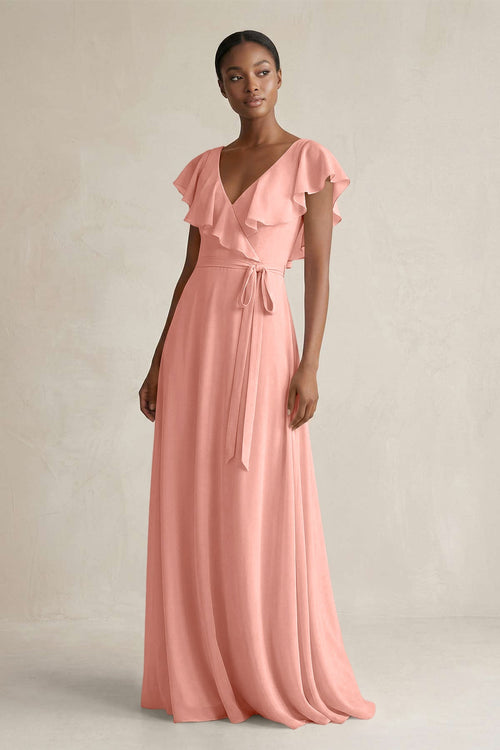 A-Line V-Neck Ruffled Sleeve Chiffon Bridesmaid Dress in Rosette | KISSBRIDAL