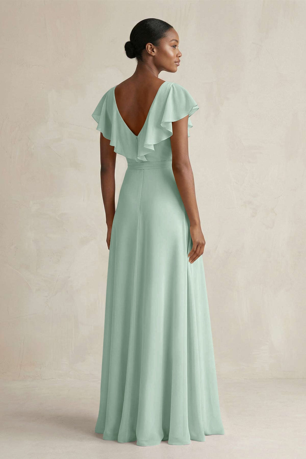 A-Line V-Neck Ruffled Sleeve Chiffon Bridesmaid Dress in Sage