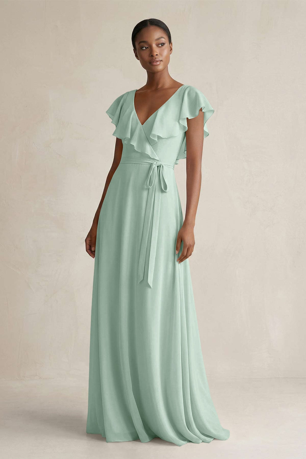 A-Line V-Neck Ruffled Sleeve Chiffon Bridesmaid Dress in Sage