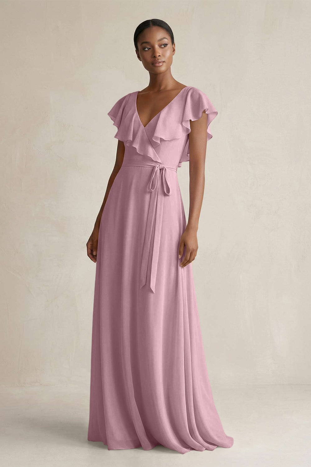 A-Line V-Neck Ruffled Sleeve Chiffon Bridesmaid Dress in Vintage Mauve