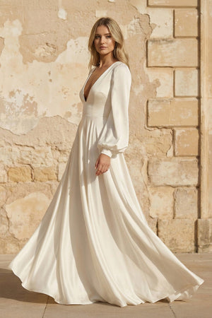 A Line V Neck Satin Long Sleeves Wedding Dress - KISS BRIDAL Wedding Dresses