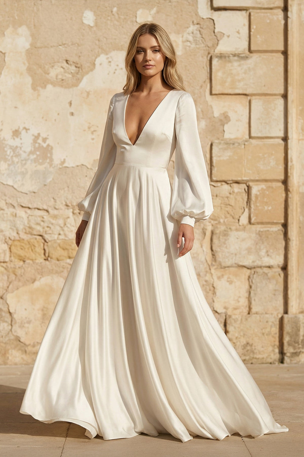 A Line V Neck Satin Long Sleeves Wedding Dress