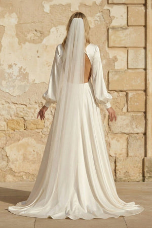 A Line V Neck Satin Long Sleeves Wedding Dress - KISS BRIDAL Wedding Dresses
