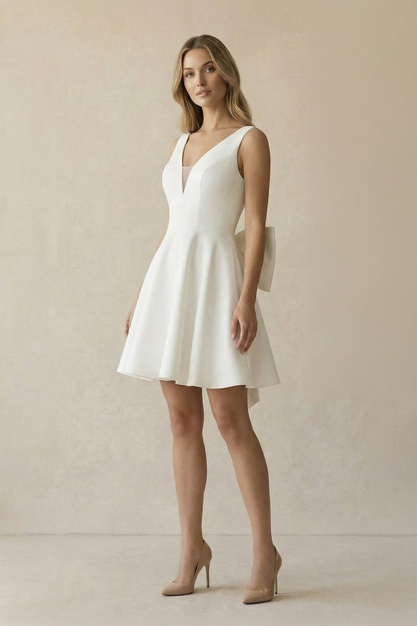 A Line V Neck Satin Wedding Dress With Bow in Ivory - KISS BRIDAL Wedding Dresses