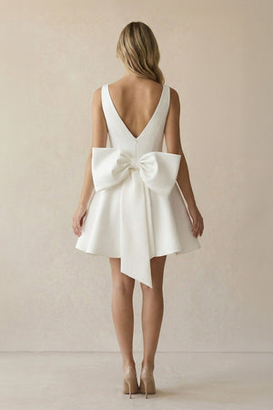 A Line V Neck Satin Wedding Dress With Bow in Ivory - KISS BRIDAL Wedding Dresses