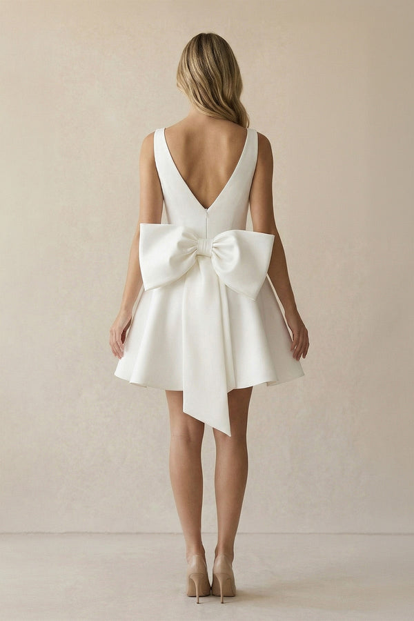 A Line V Neck Satin Wedding Dress With Bow in Ivory - KISS BRIDAL Wedding Dresses