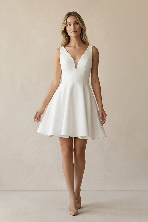 A Line V Neck Satin Wedding Dress With Bow in Ivory - KISS BRIDAL Wedding Dresses