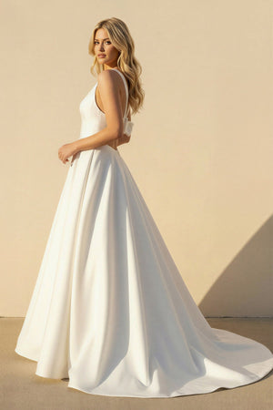 A Line V Neck Satin Wedding Dress With Bow in White - KISS BRIDAL Wedding Dresses