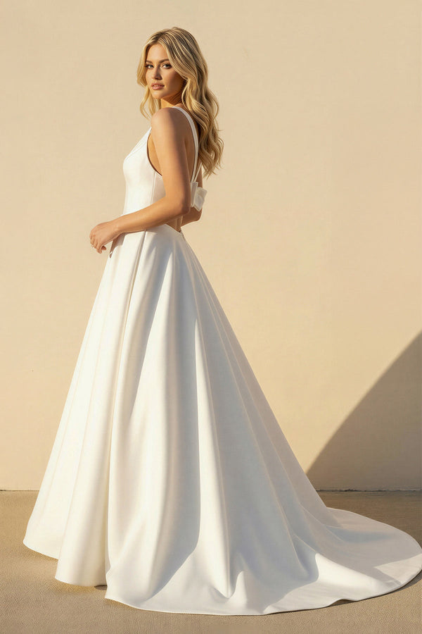 A Line V Neck Satin Wedding Dress With Bow in White - KISS BRIDAL Wedding Dresses