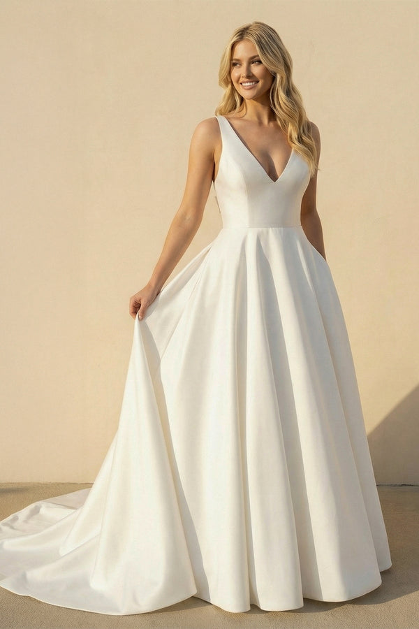 A Line V Neck Satin Wedding Dress With Bow in White - KISS BRIDAL Wedding Dresses
