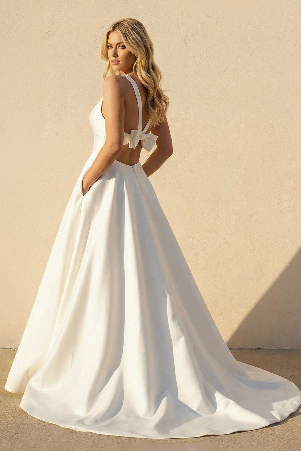 A-Line V Neck Satin Wedding Dress With Bow in White