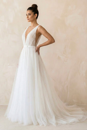 A Line V - Neck Tulle Sleeveless Wedding Dress in White - KISS BRIDAL Wedding Dresses
