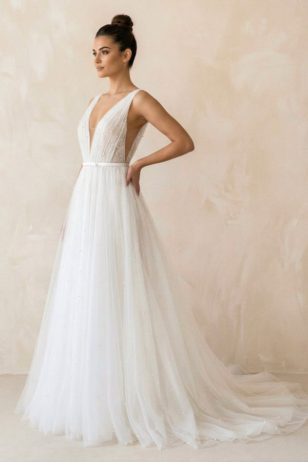 A Line V - Neck Tulle Sleeveless Wedding Dress in White - KISS BRIDAL Wedding Dresses