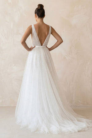 A Line V - Neck Tulle Sleeveless Wedding Dress in White - KISS BRIDAL Wedding Dresses