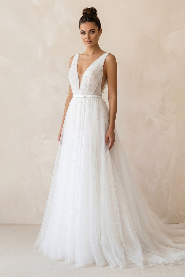 A Line V - Neck Tulle Sleeveless Wedding Dress in White - KISS BRIDAL Wedding Dresses