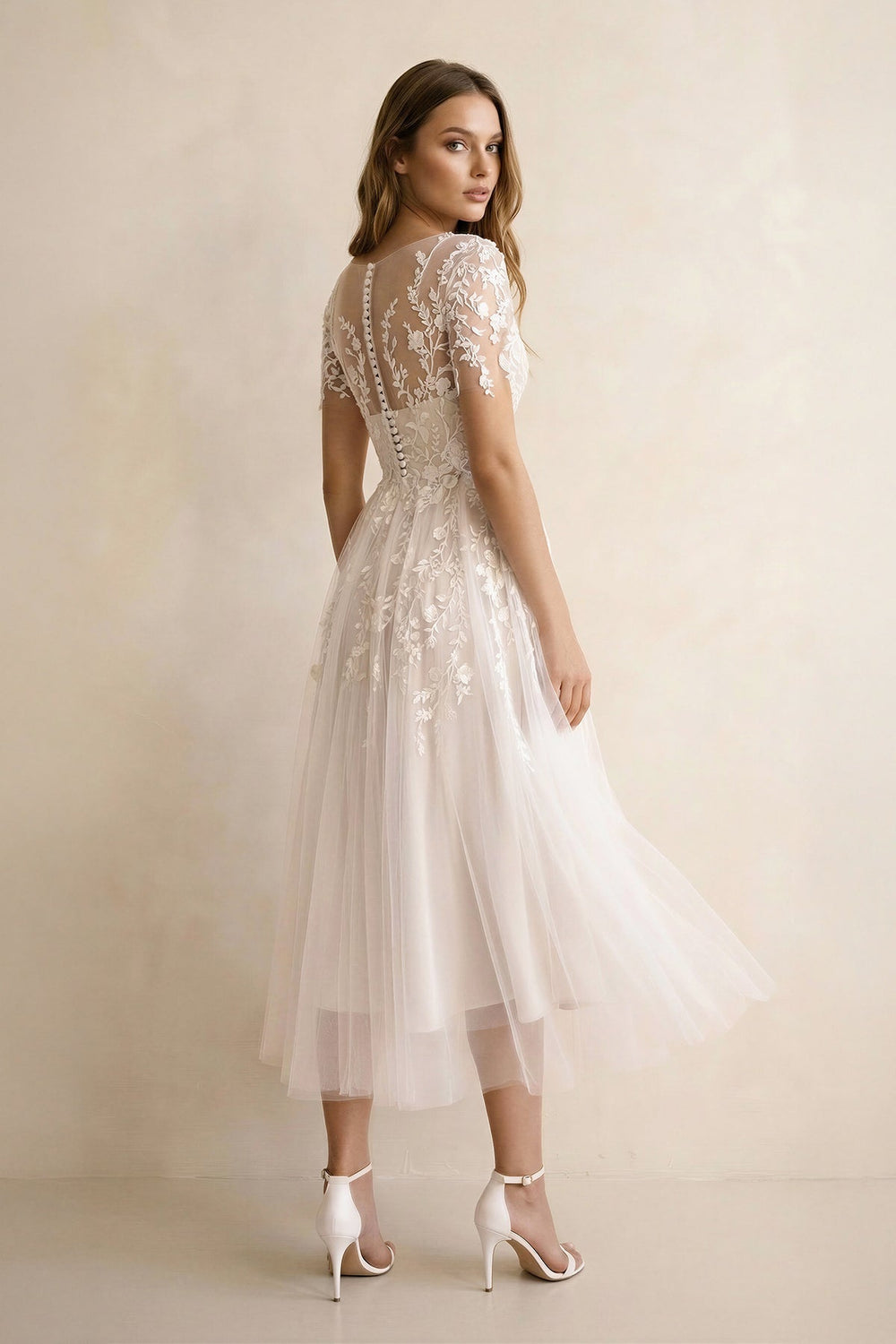 A Line V Neck Tulle Wedding Dress With Appliques in Ivory