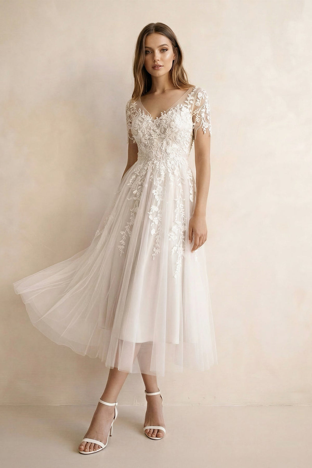 A Line V Neck Tulle Wedding Dress With Appliques in Ivory