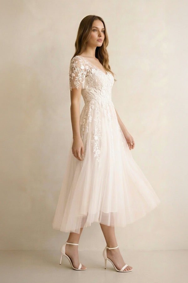 A Line V Neck Tulle Wedding Dress With Appliques in Ivory - KISS BRIDAL Wedding Dresses