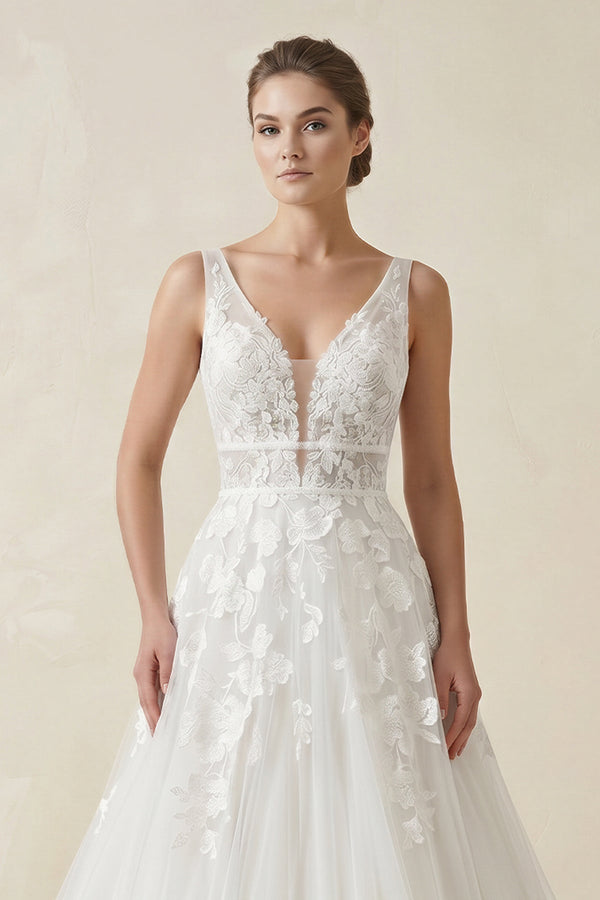 A - Line V Neck Tulle Wedding Dress With Appliques in White - KISS BRIDAL Wedding Dresses