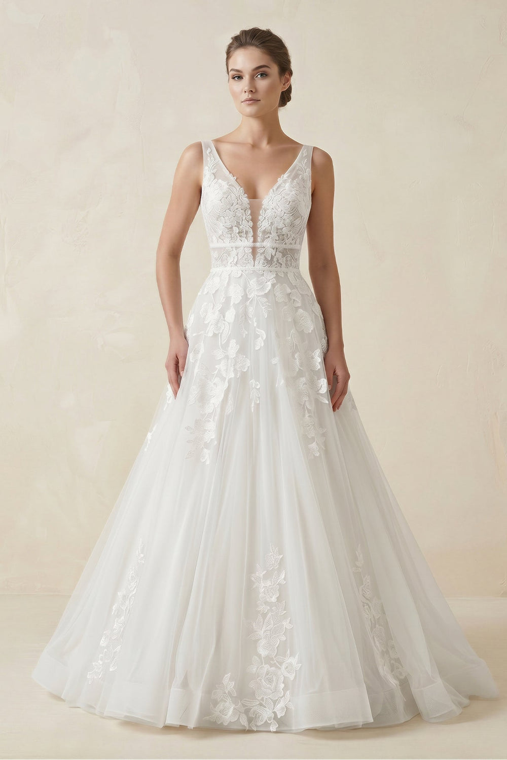 A-Line V Neck Tulle Wedding Dress With Appliques in White