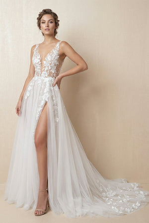 A Line V Neck Tulle Wedding Dress With Slit in Ivory - KISS BRIDAL Wedding Dresses