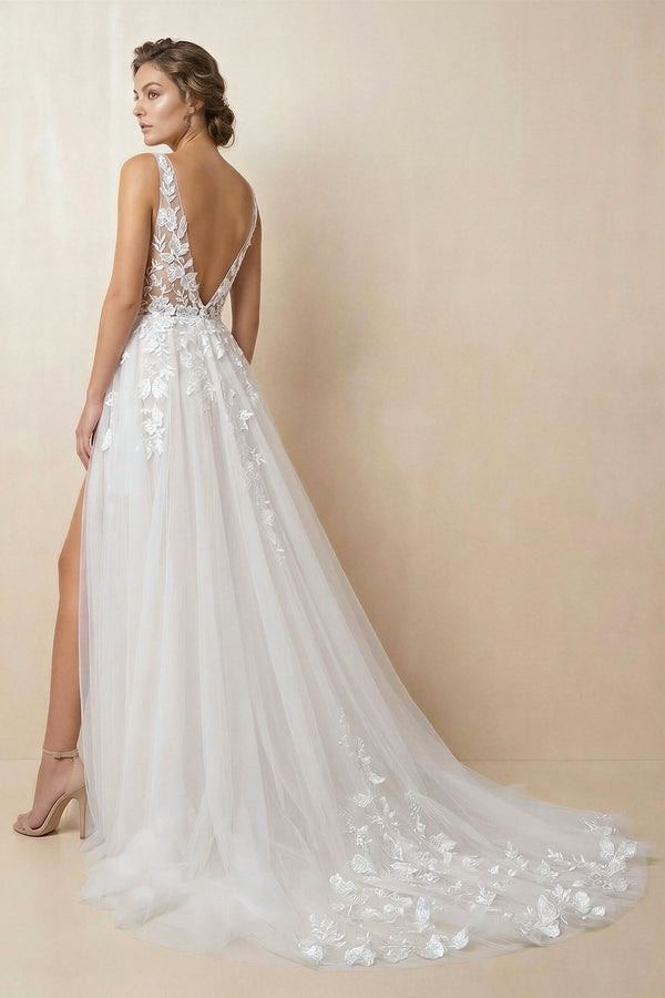 A Line V Neck Tulle Wedding Dress With Slit in Ivory - KISS BRIDAL Wedding Dresses