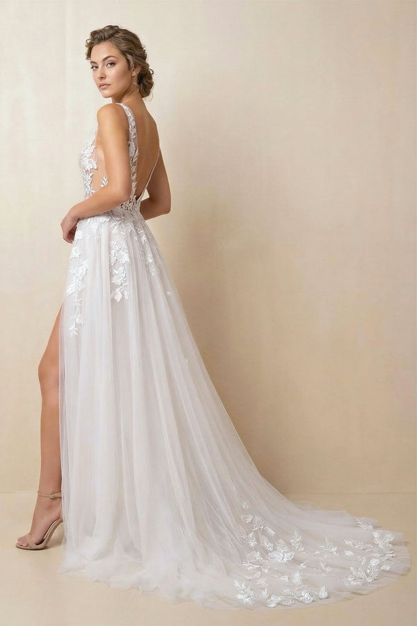 A Line V Neck Tulle Wedding Dress With Slit in Ivory - KISS BRIDAL Wedding Dresses