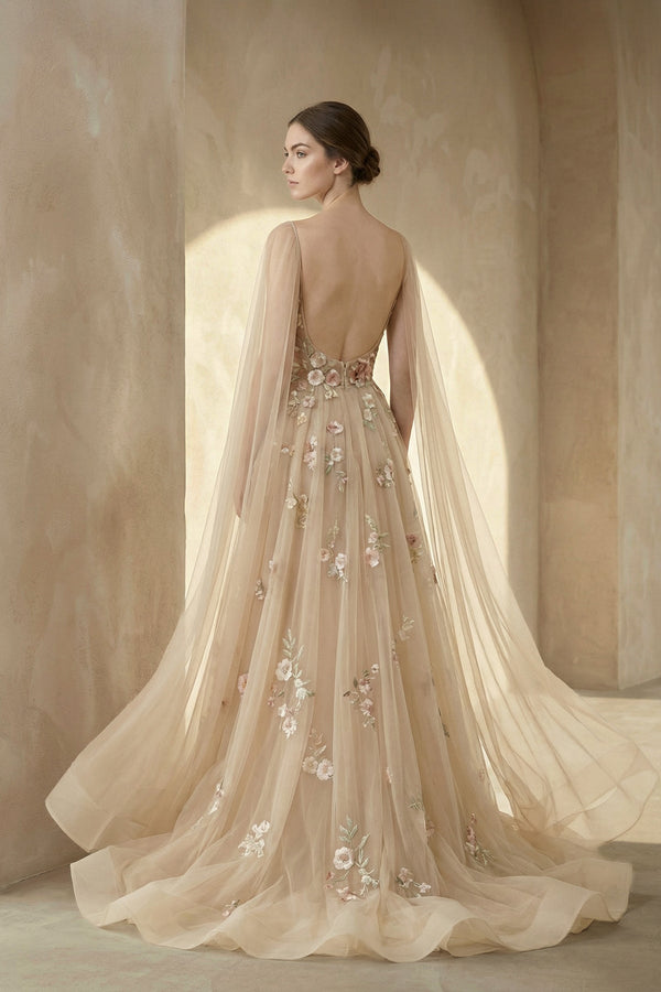 A - line V Neck Tulle Wedding Dresses With 3D Flower - KISS BRIDAL Wedding Dresses