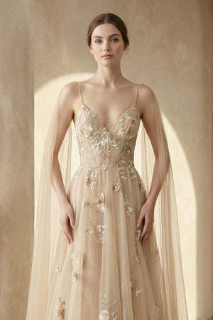 A - line V Neck Tulle Wedding Dresses With 3D Flower - KISS BRIDAL Wedding Dresses