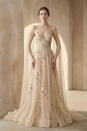 A - line V Neck Tulle Wedding Dresses With 3D Flower - KISS BRIDAL Wedding Dresses