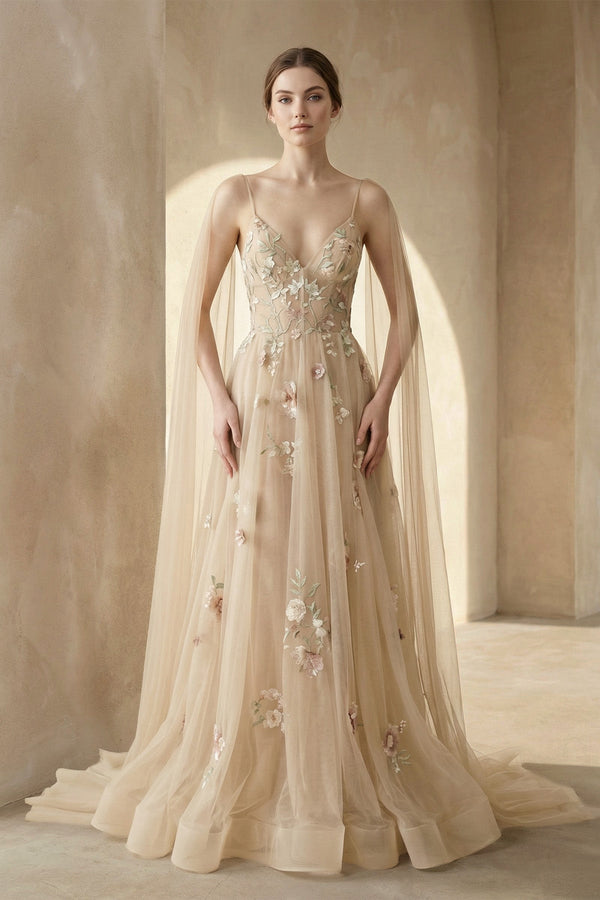 A - line V Neck Tulle Wedding Dresses With 3D Flower - KISS BRIDAL Wedding Dresses