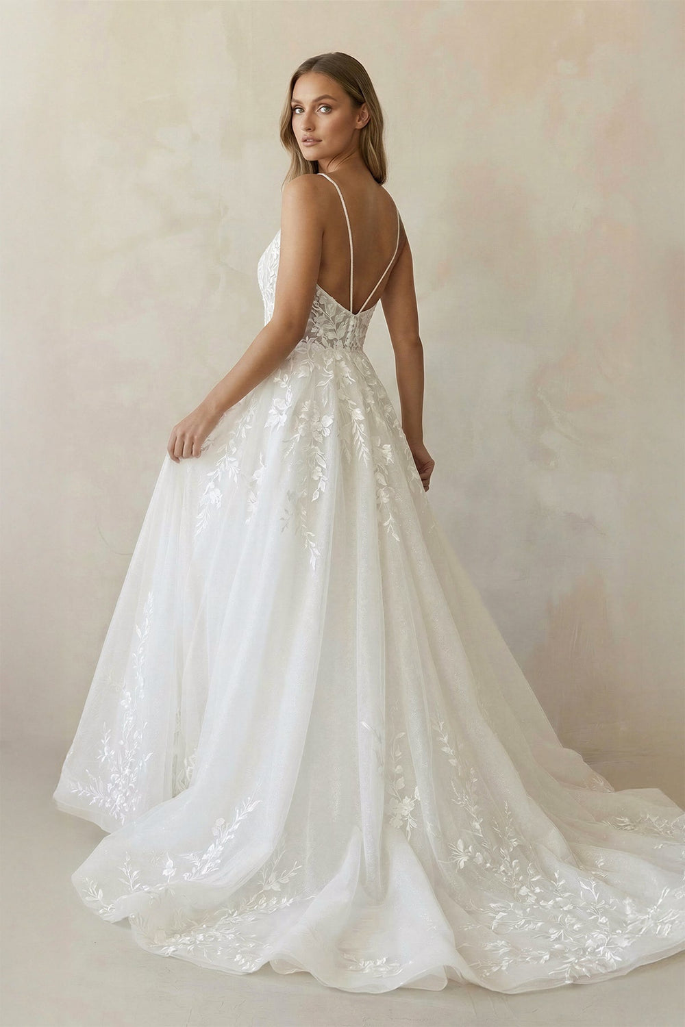 V Neck Tulle Wedding Dresses with Appliques in White