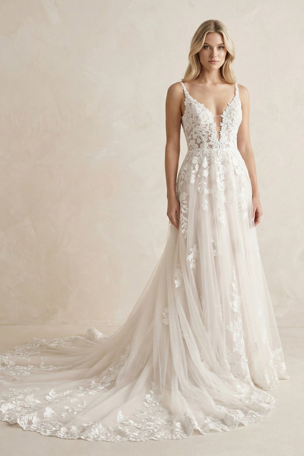 A Line V Neck Tulle Wedding Dresses with Appliques in White
