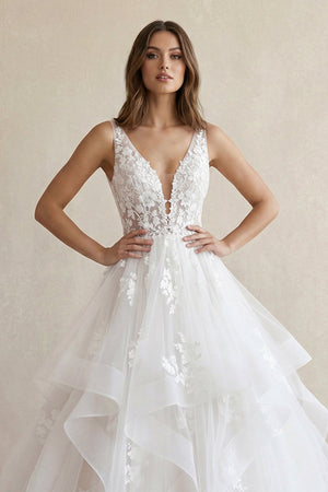 A - Line V Neck Wedding Dresses with Appliques in White - KISS BRIDAL Wedding Dresses