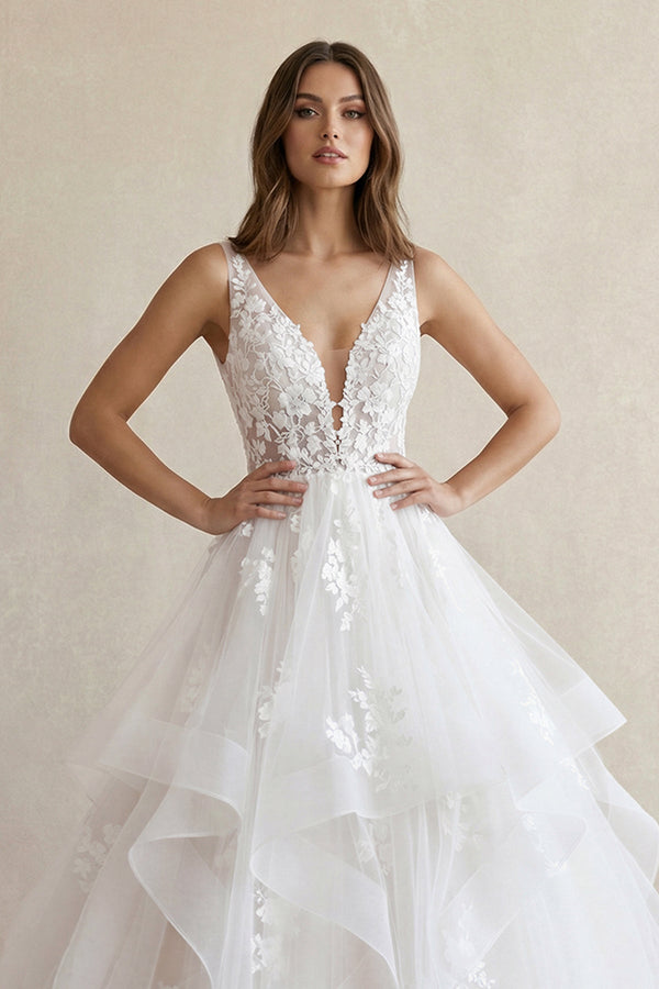 A - Line V Neck Wedding Dresses with Appliques in White - KISS BRIDAL Wedding Dresses